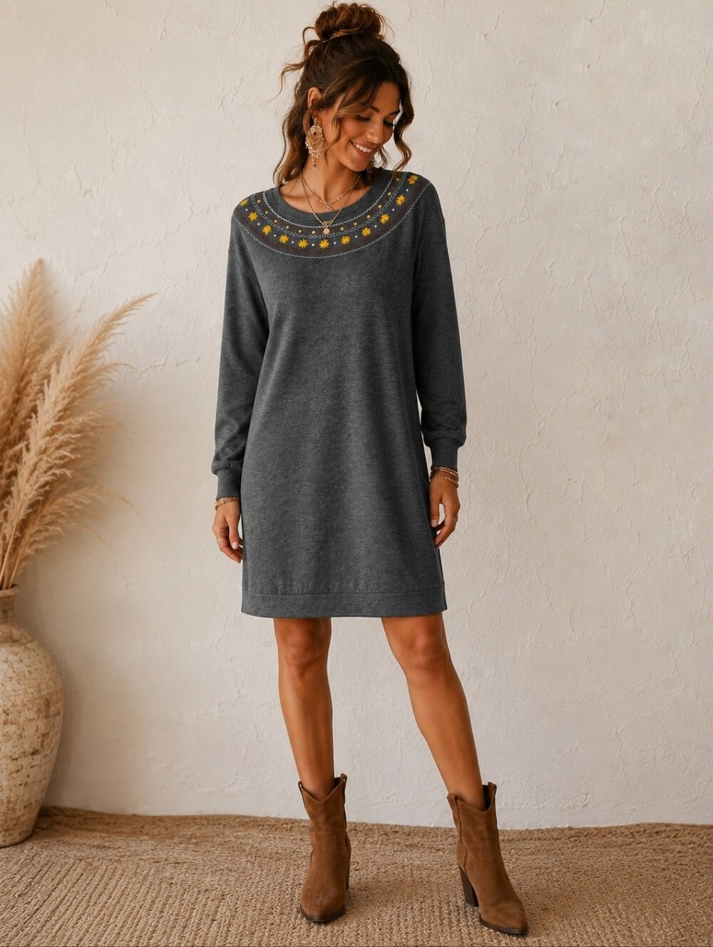 Matilda Jane Metallic Grey Knit Sweatshirt Dress Embroidery Metallic Trim NEW XS